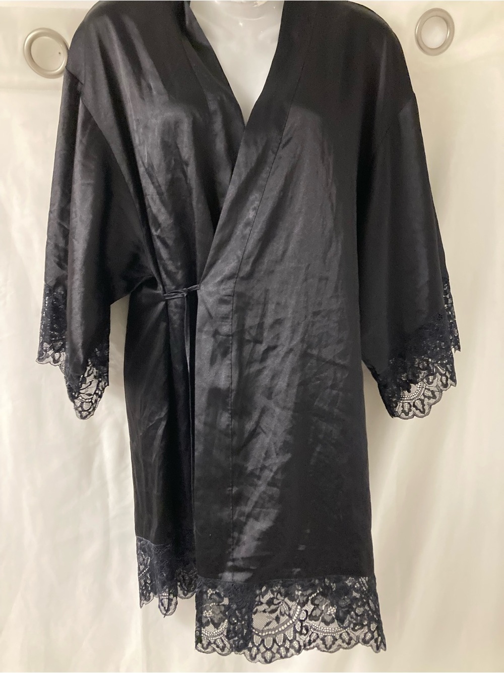 La Senza Black Satin Lace Trim Kimono Robe S/M